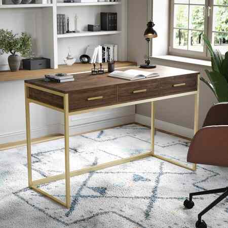 MARTHA STEWART Ollie Home Office Desk with 3 Drawers in Walnut Wood Grain with Polished Brass Hardware ZG-ZP-028-BR-GLD-MS